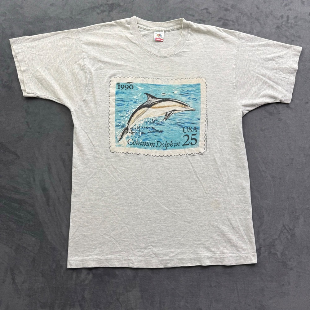 Vintage 1990 Common Dolphin Postage Stamp T-Shirt Fruit of the Loom XL Grey